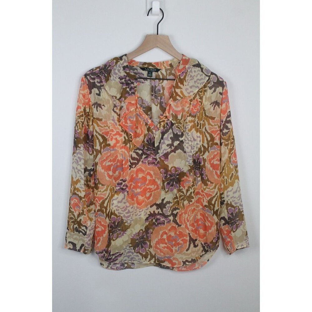 LAUREN RALPH LAUREN Petite Medium Floral Ruffled Long Sleeve Blouse SZ PM NWOT